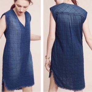 CLOTH & STONE Quilted Chambray Shift Dress Faded Blue Denim Raw Hem Size XS